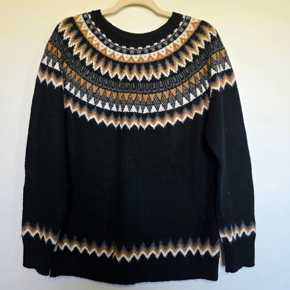 Talbots Black Fair Isle Yoke Knit Crewneck Sweater Large Nordic Ski Winter Style